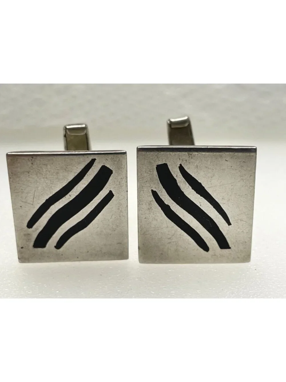 Signed Vintage Taxco Mexican Sterling Silver Square Minimalist Enamel Cufflinks